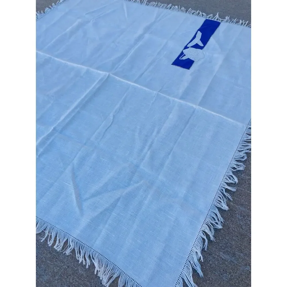 Antique Embroidered Table scarf Linen with fringe Square Blue Flowers Soft Card